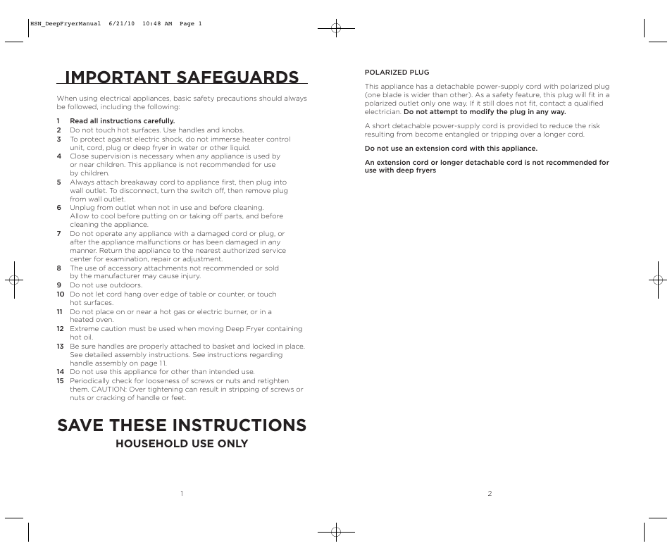 Important safeguards, Save these instructions, Household use only | Wolfgang Puck BDFR0060 User Manual | Page 2 / 28