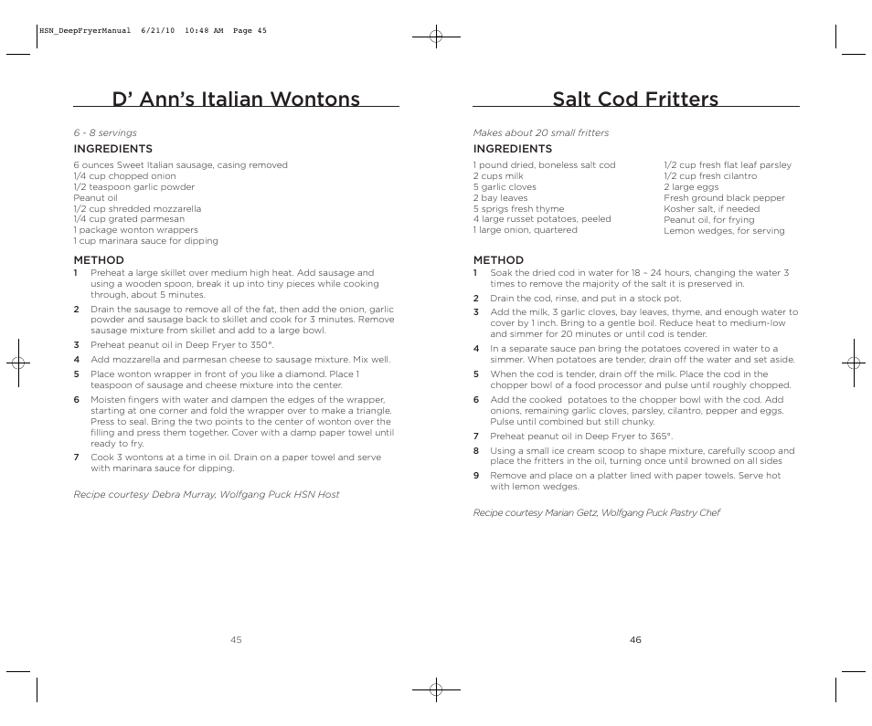 D’ ann’s italian wontons, Salt cod fritters | Wolfgang Puck BDFR0060 User Manual | Page 24 / 28