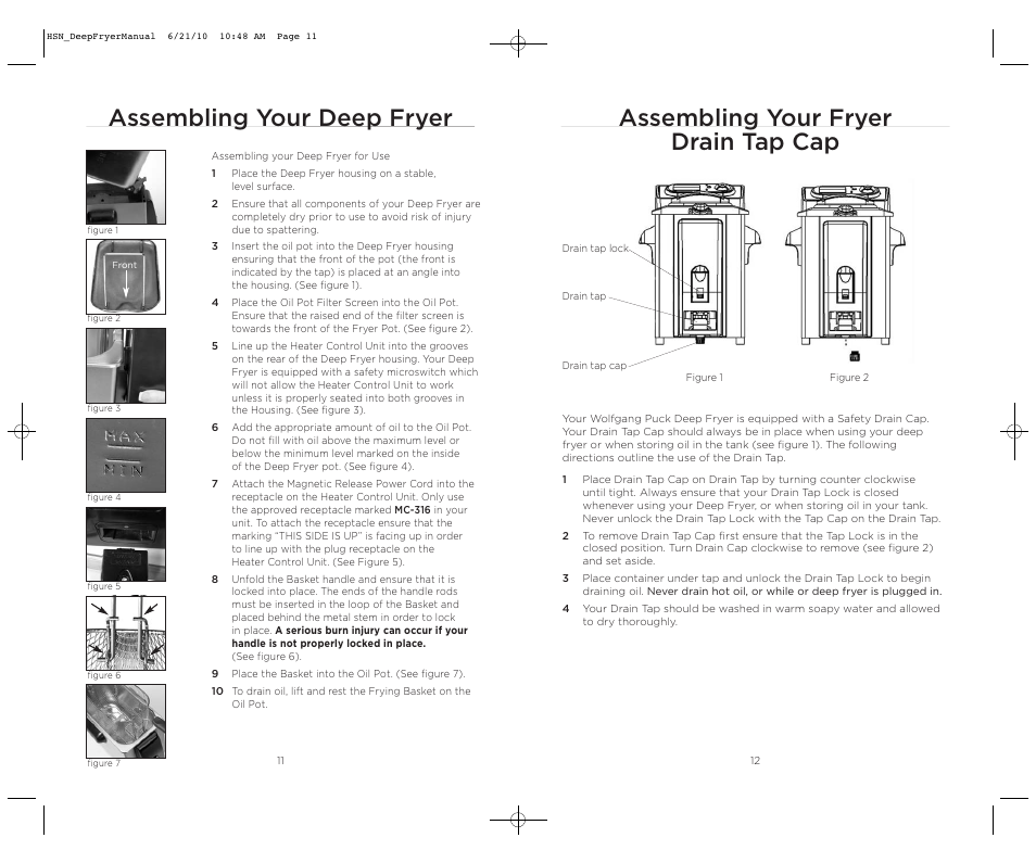 Assembling your fryer drain tap cap, Assembling your deep fryer | Wolfgang Puck BDFR0060 User Manual | Page 7 / 28