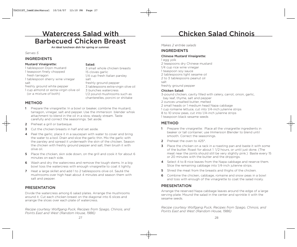 Chicken salad chinois, Watercress salad with barbecued chicken breast | Wolfgang Puck WPIB0010C User Manual | Page 15 / 24