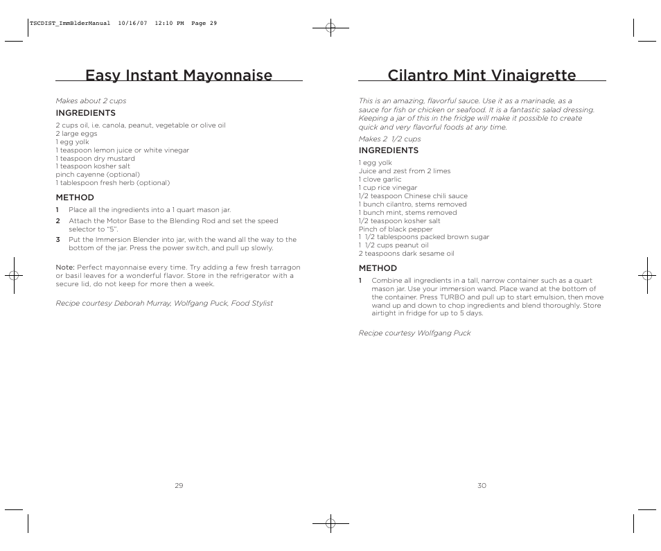 Cilantro mint vinaigrette, Easy instant mayonnaise | Wolfgang Puck WPIB0010C User Manual | Page 16 / 24