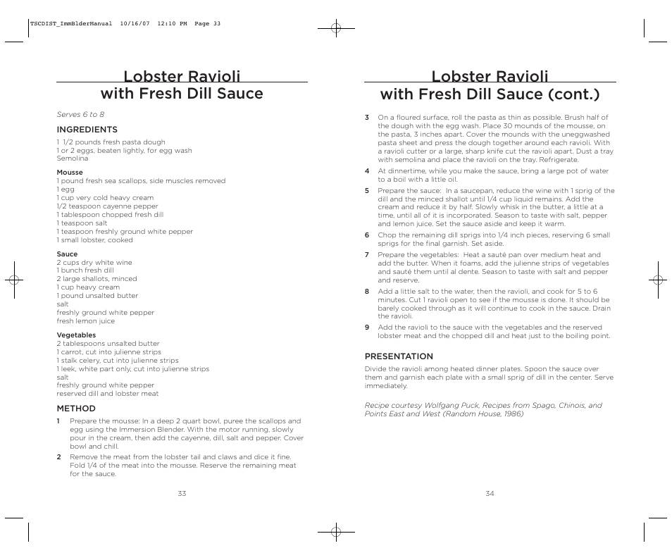Lobster ravioli with fresh dill sauce, Lobster ravioli with fresh dill sauce (cont.) | Wolfgang Puck WPIB0010C User Manual | Page 18 / 24