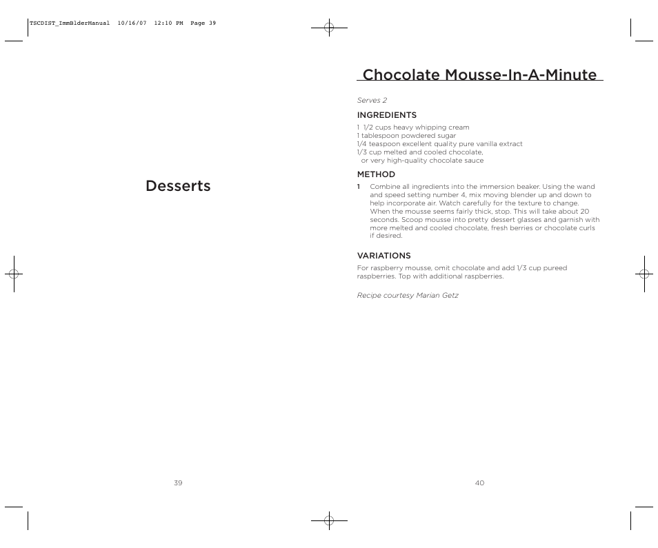 Chocolate mousse-in-a-minute, Desserts | Wolfgang Puck WPIB0010C User Manual | Page 21 / 24