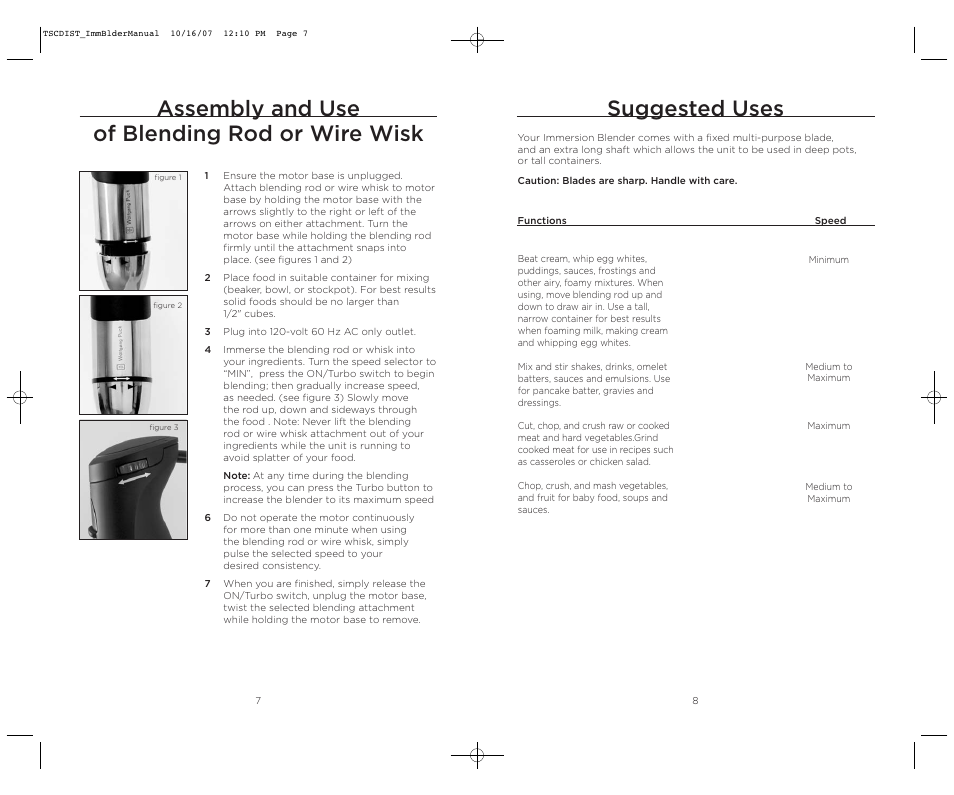 Suggested uses, Assembly and use of blending rod or wire wisk | Wolfgang Puck WPIB0010C User Manual | Page 5 / 24