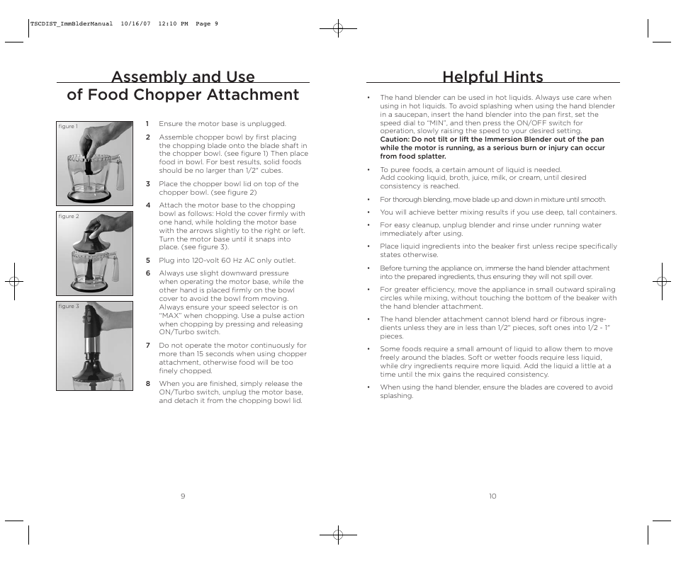 Helpful hints, Assembly and use of food chopper attachment | Wolfgang Puck WPIB0010C User Manual | Page 6 / 24