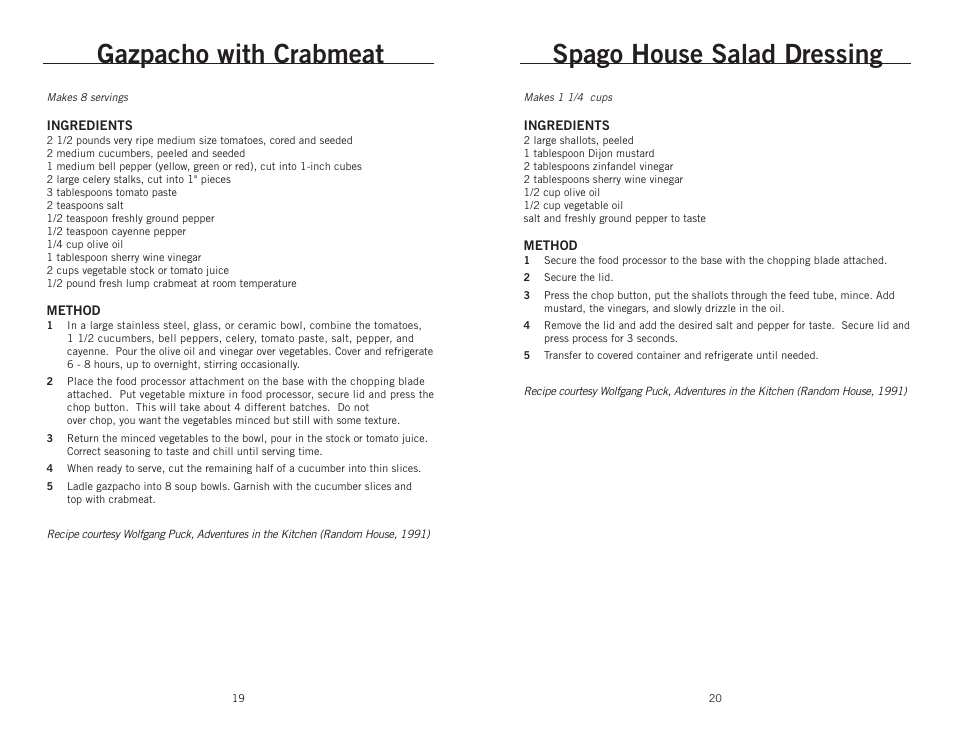 Gazpacho with crabmeat, Spago house salad dressing | Wolfgang Puck BBLFP001 User Manual | Page 11 / 18