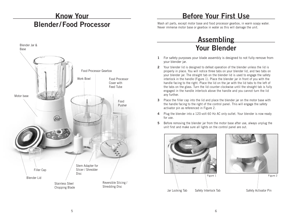 Know your blender / food processor, Before your first use, Assembling your blender | Wolfgang Puck BBLFP001 User Manual | Page 4 / 18
