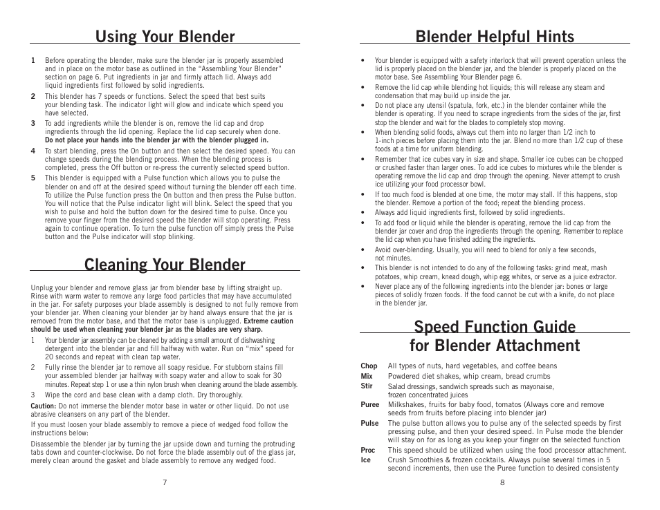 Using your blender cleaning your blender, Blender helpful hints, Speed function guide for blender attachment | Wolfgang Puck BBLFP001 User Manual | Page 5 / 18