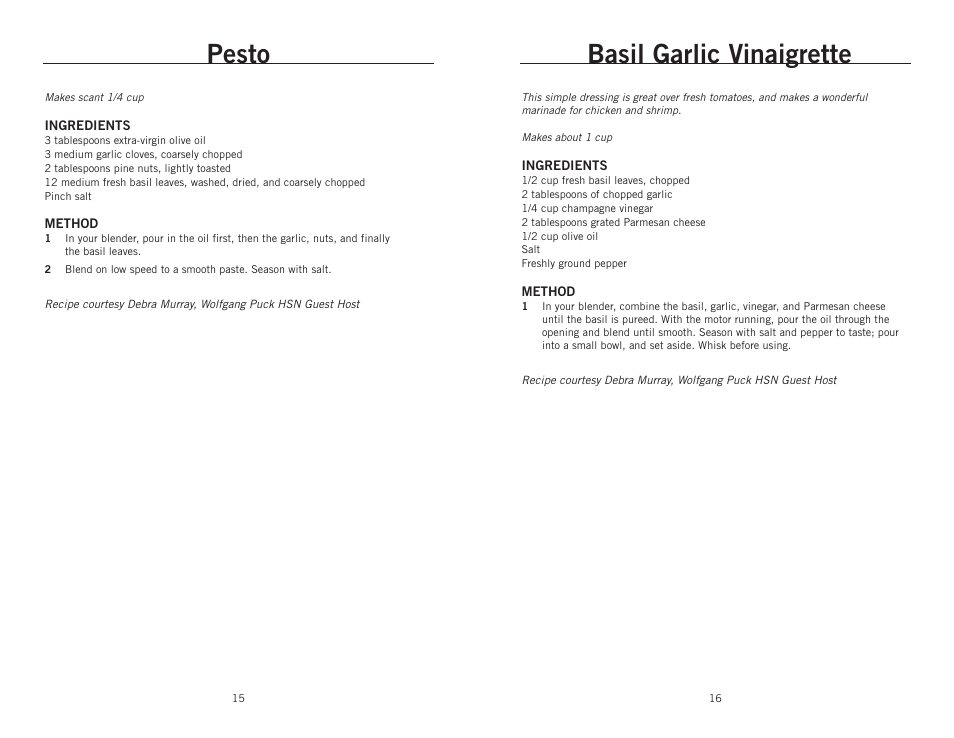 Basil garlic vinaigrette, Pesto | Wolfgang Puck BBLFP001 User Manual | Page 9 / 18