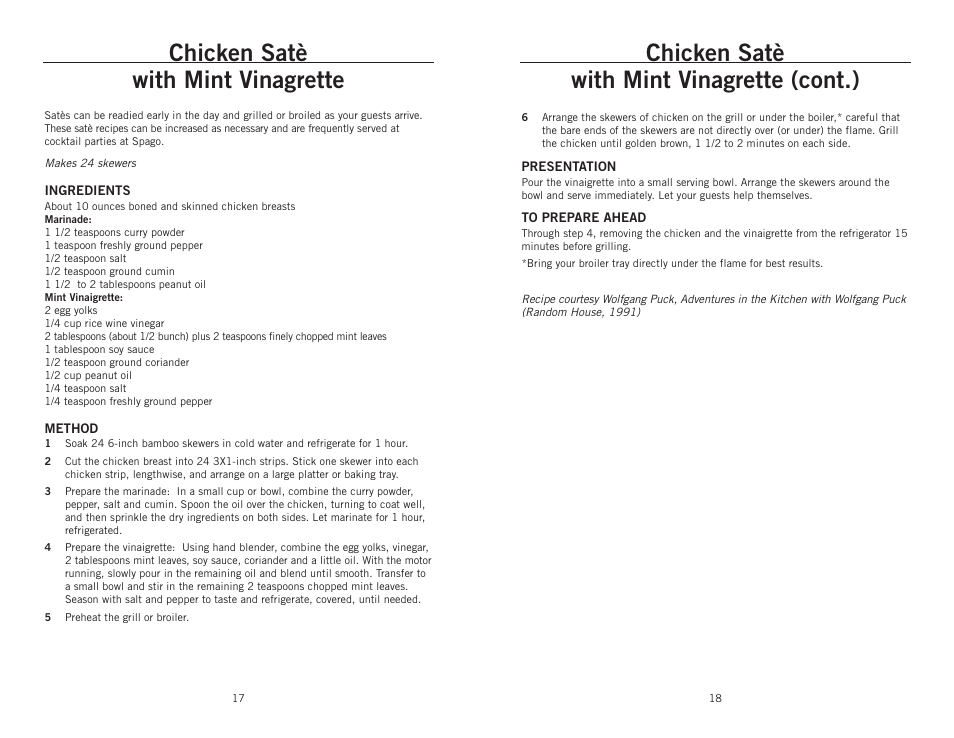 Chicken satè with mint vinagrette, Chicken satè with mint vinagrette (cont.) | Wolfgang Puck BIBC1010 User Manual | Page 10 / 14