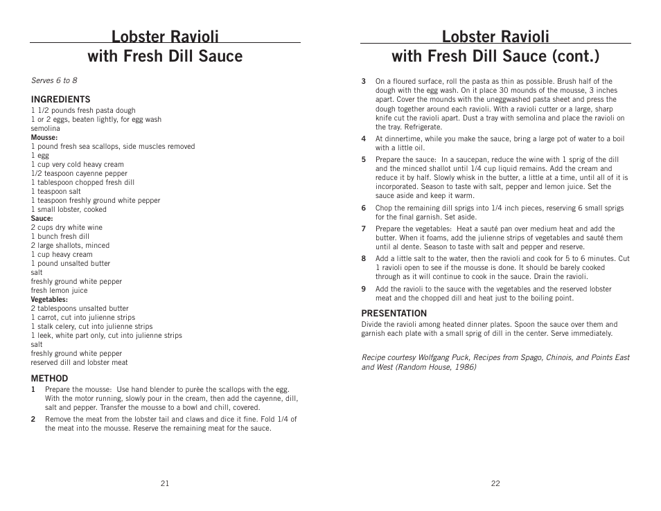 Lobster ravioli with fresh dill sauce, Lobster ravioli with fresh dill sauce (cont.) | Wolfgang Puck BIBC1010 User Manual | Page 12 / 14