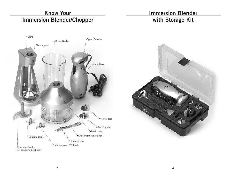 Know your immersion blender/chopper, Immersion blender with storage kit | Wolfgang Puck BIBC1010 User Manual | Page 4 / 14