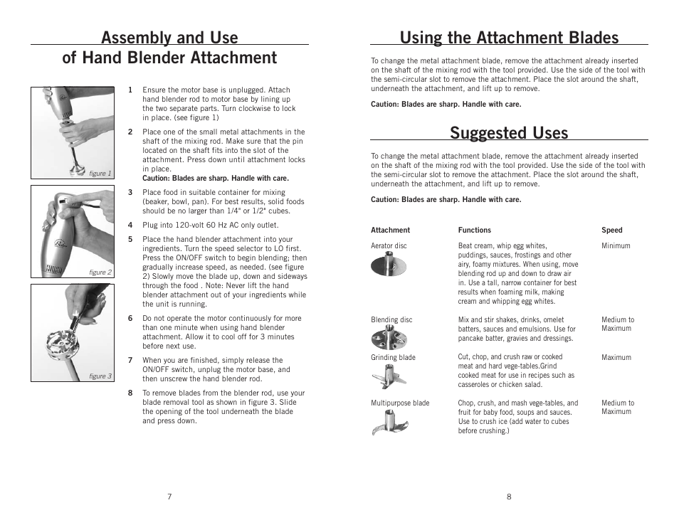 Assembly and use of hand blender attachment, Using the attachment blades, Suggested uses | Wolfgang Puck BIBC1010 User Manual | Page 5 / 14