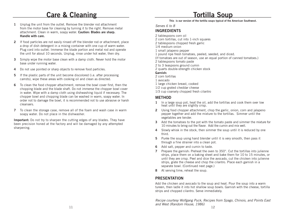 Tortilla soup, Care & cleaning | Wolfgang Puck BIBC1010 User Manual | Page 7 / 14