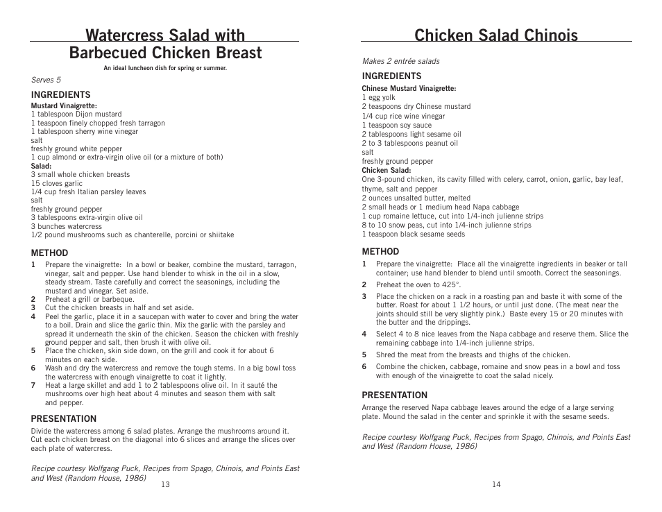 Watercress salad with barbecued chicken breast, Chicken salad chinois | Wolfgang Puck BIBC1010 User Manual | Page 8 / 14