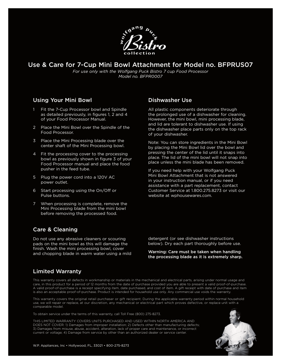 Wolfgang Puck BISTRO BFPR0007 User Manual | 1 page
