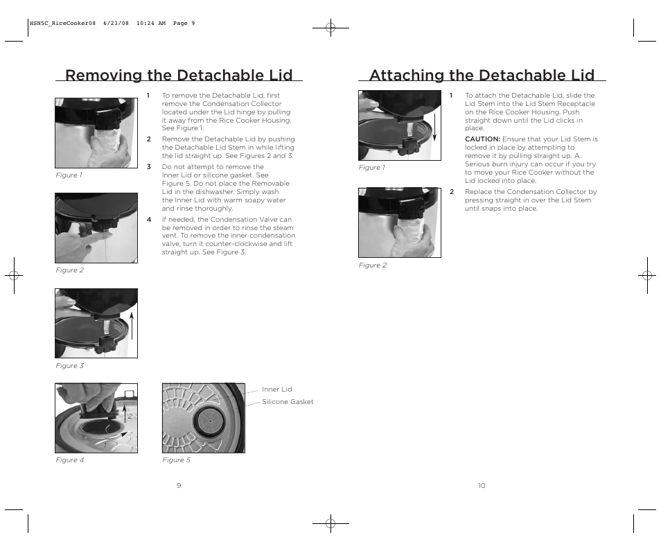 Attaching the detachable lid, Removing the detachable lid | Wolfgang Puck HSN5C_RICECOOKER08 User Manual | Page 6 / 28