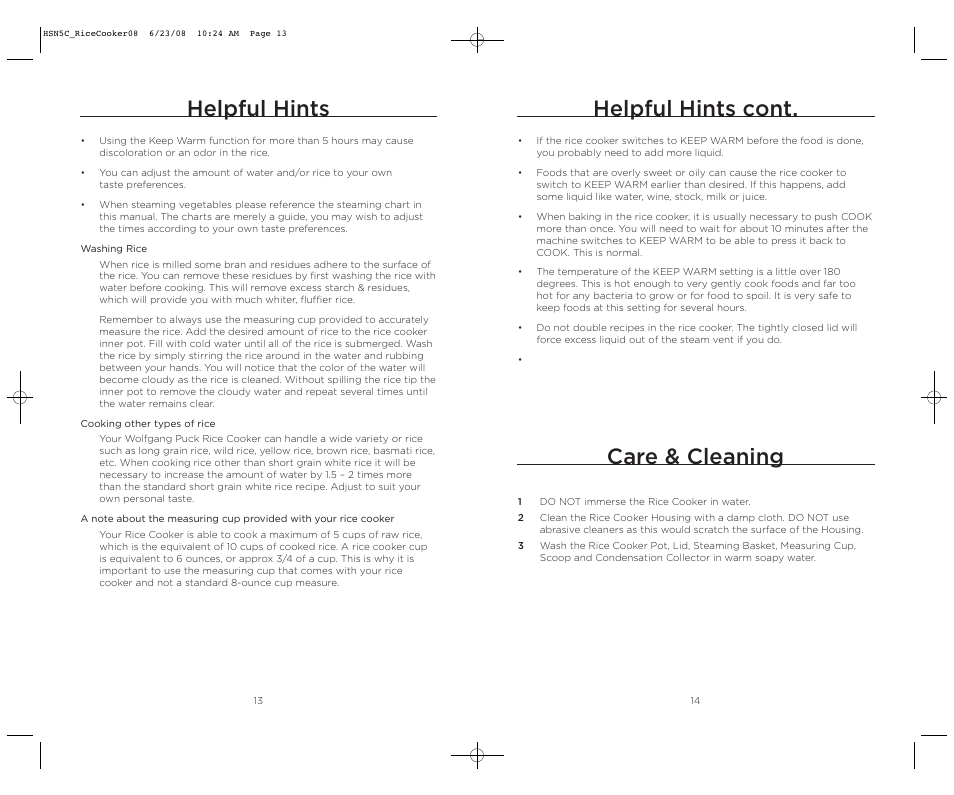 Helpful hints, Helpful hints cont, Care & cleaning | Wolfgang Puck HSN5C_RICECOOKER08 User Manual | Page 8 / 28
