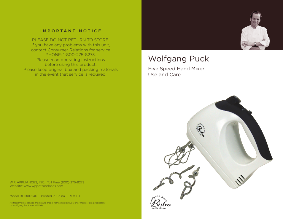 Wolfgang Puck BHM00240 User Manual | 10 pages