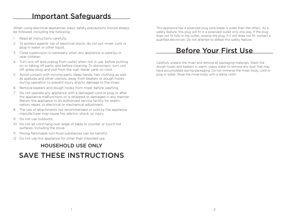 Important safeguards, Save these instructions, Before your first use | Household use only | Wolfgang Puck BHM00240 User Manual | Page 2 / 10