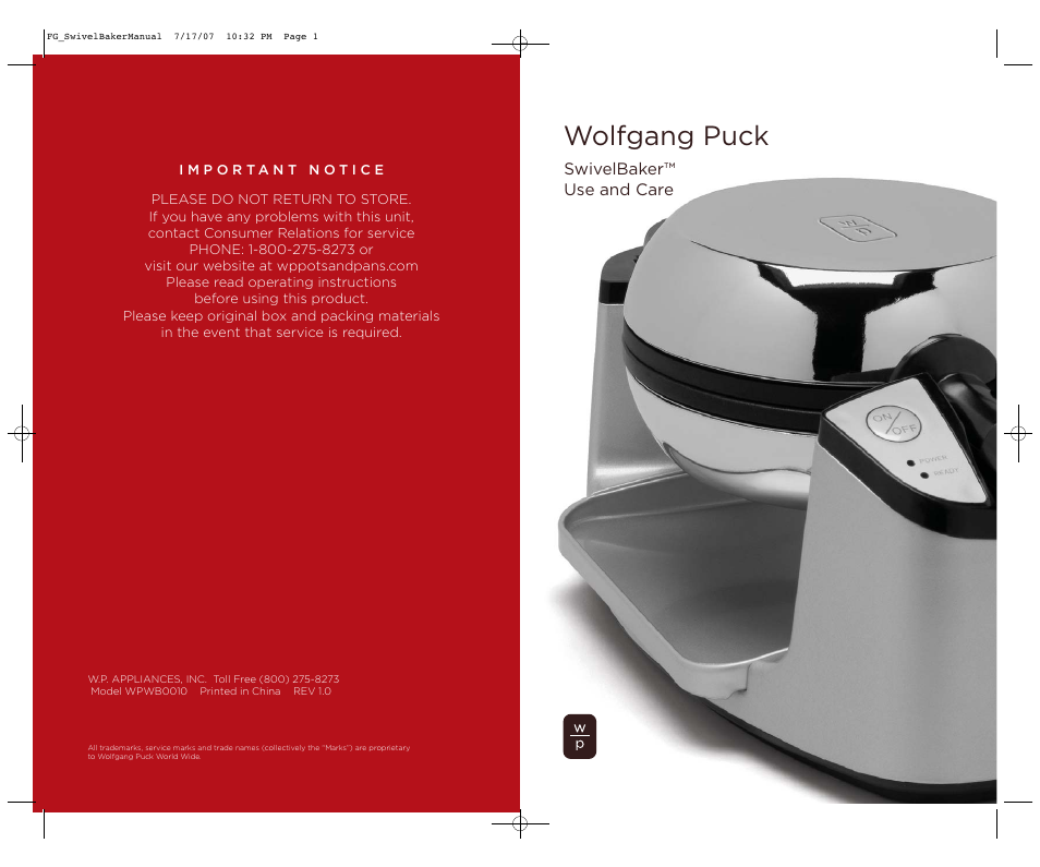 Wolfgang Puck SWIVELBAKER WPWB0010 User Manual | 20 pages