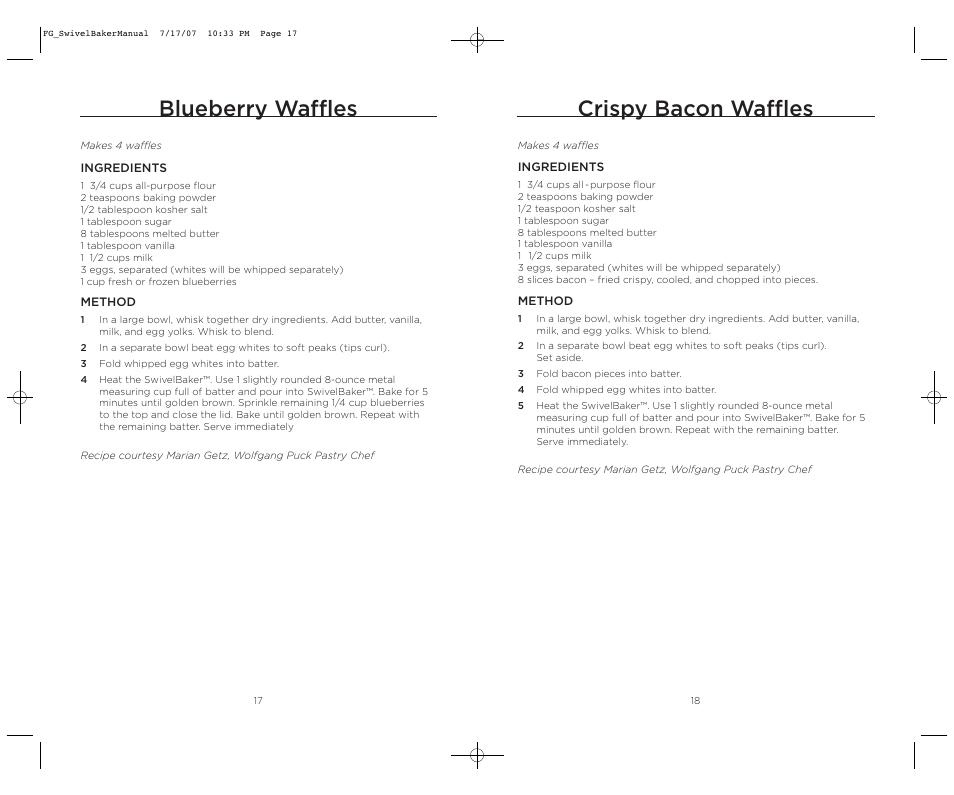 Blueberry waffles, Crispy bacon waffles | Wolfgang Puck SWIVELBAKER WPWB0010 User Manual | Page 10 / 20