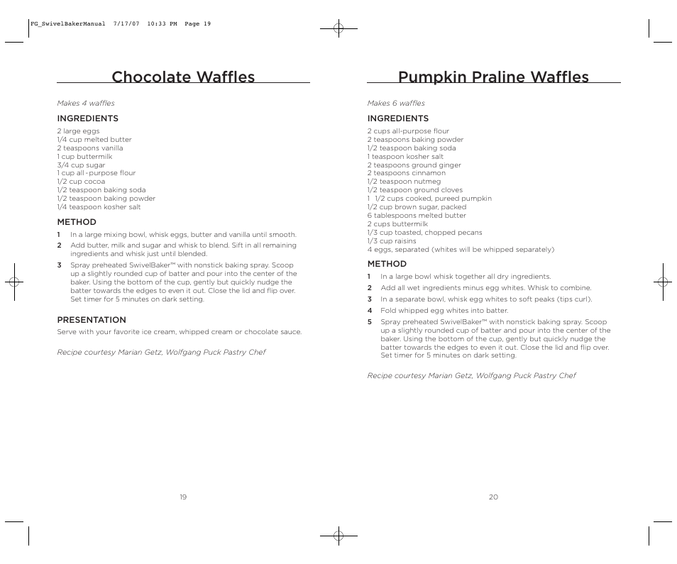 Pumpkin praline waffles, Chocolate waffles | Wolfgang Puck SWIVELBAKER WPWB0010 User Manual | Page 11 / 20