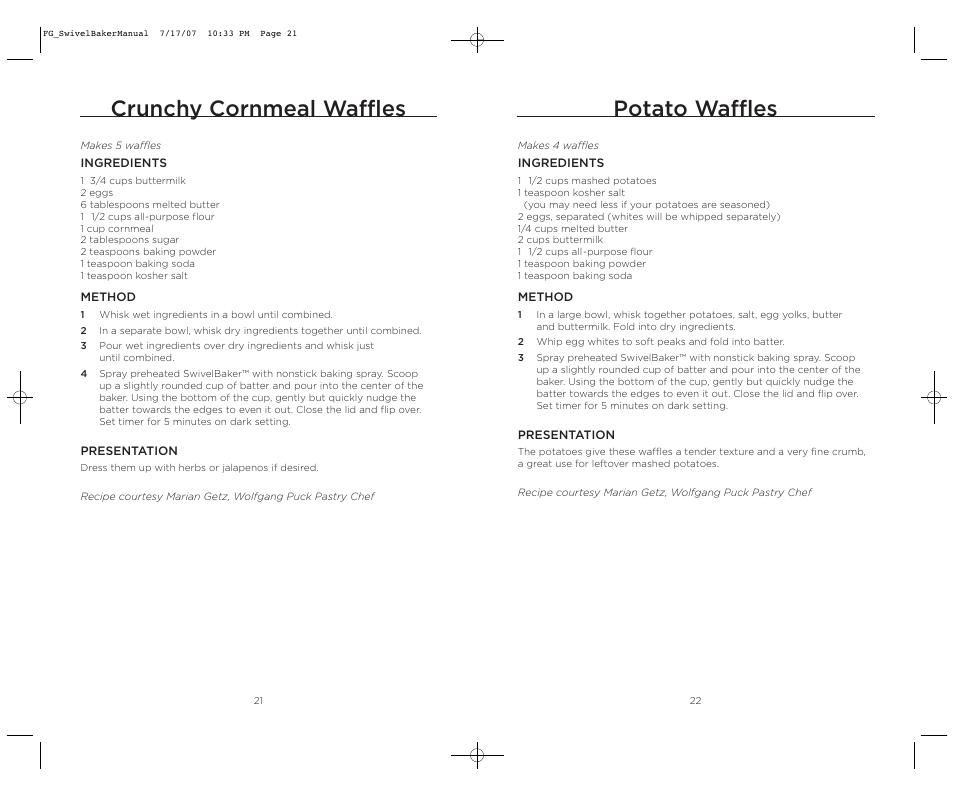Potato waffles, Crunchy cornmeal waffles | Wolfgang Puck SWIVELBAKER WPWB0010 User Manual | Page 12 / 20