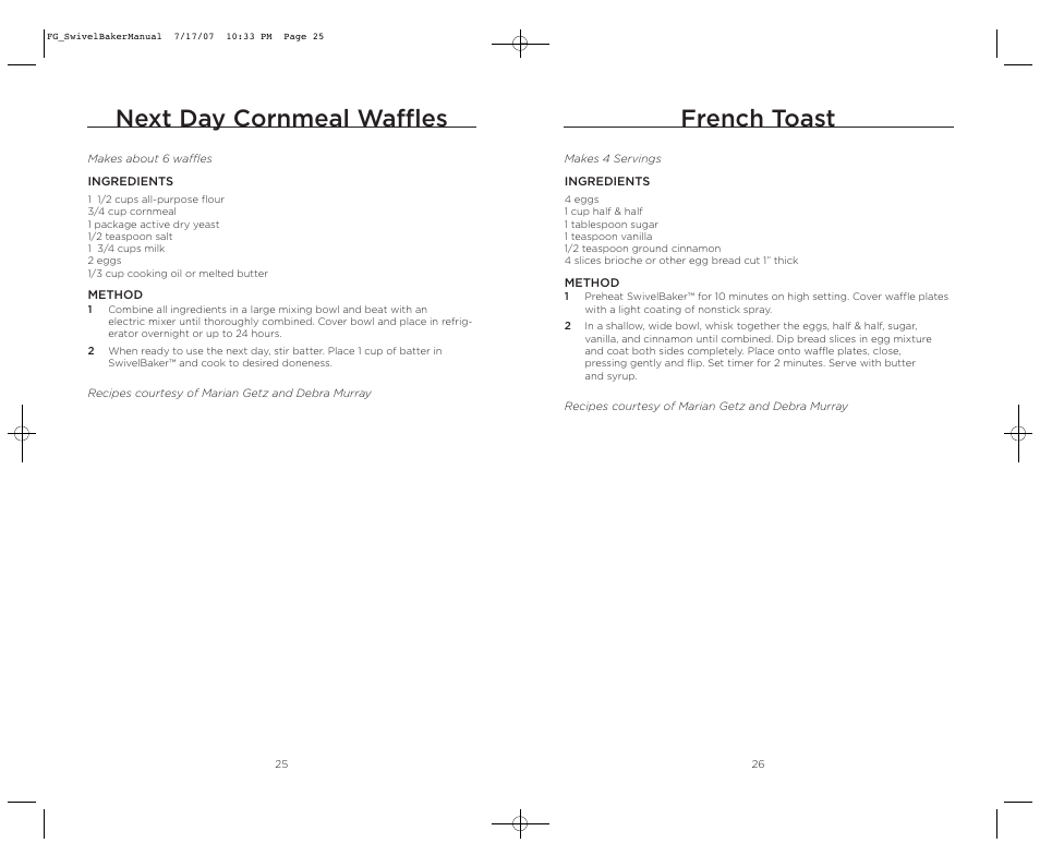 French toast, Next day cornmeal waffles | Wolfgang Puck SWIVELBAKER WPWB0010 User Manual | Page 14 / 20