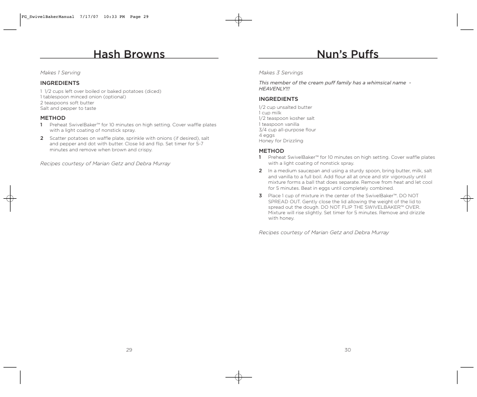 Nun’s puffs, Hash browns | Wolfgang Puck SWIVELBAKER WPWB0010 User Manual | Page 16 / 20