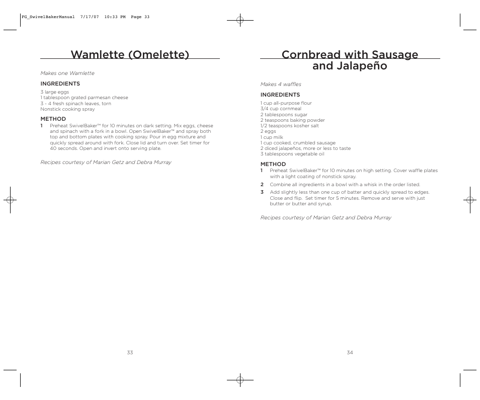 Cornbread with sausage and jalapeño, Wamlette (omelette) | Wolfgang Puck SWIVELBAKER WPWB0010 User Manual | Page 18 / 20