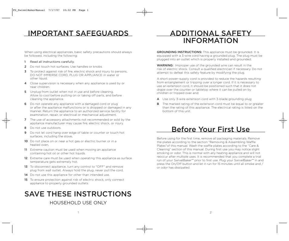 Important safeguards, Save these instructions, Before your first use | Additional safety information, Household use only | Wolfgang Puck SWIVELBAKER WPWB0010 User Manual | Page 2 / 20