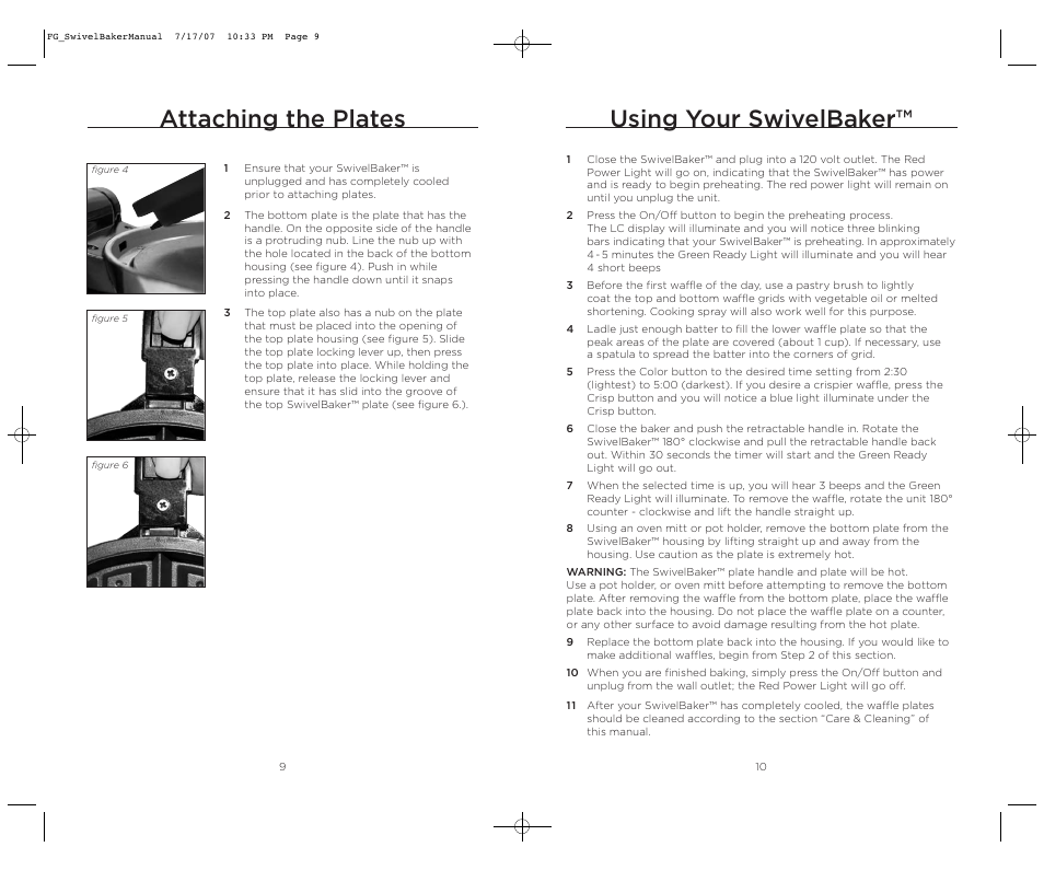 Attaching the plates, Using your swivelbaker | Wolfgang Puck SWIVELBAKER WPWB0010 User Manual | Page 6 / 20