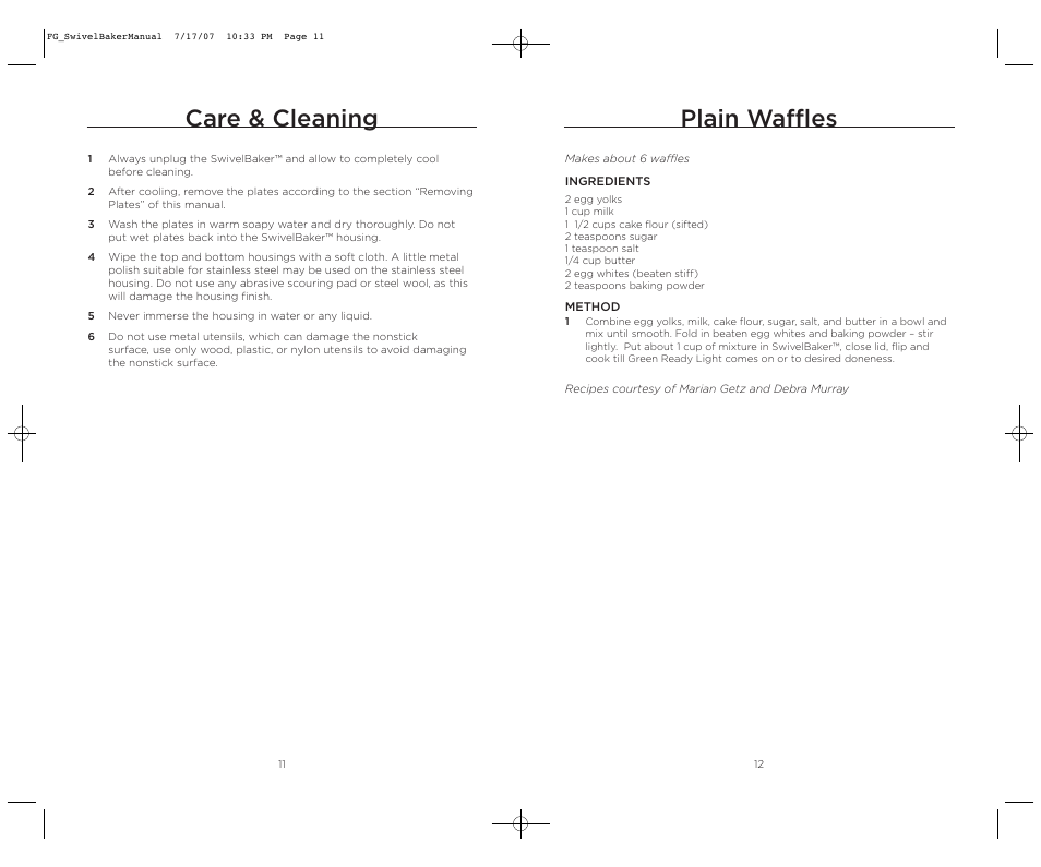 Plain waffles, Care & cleaning | Wolfgang Puck SWIVELBAKER WPWB0010 User Manual | Page 7 / 20