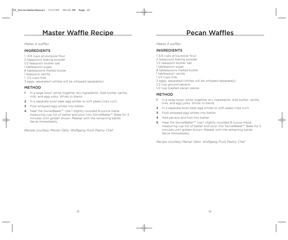 Master waffle recipe, Pecan waffles | Wolfgang Puck SWIVELBAKER WPWB0010 User Manual | Page 9 / 20