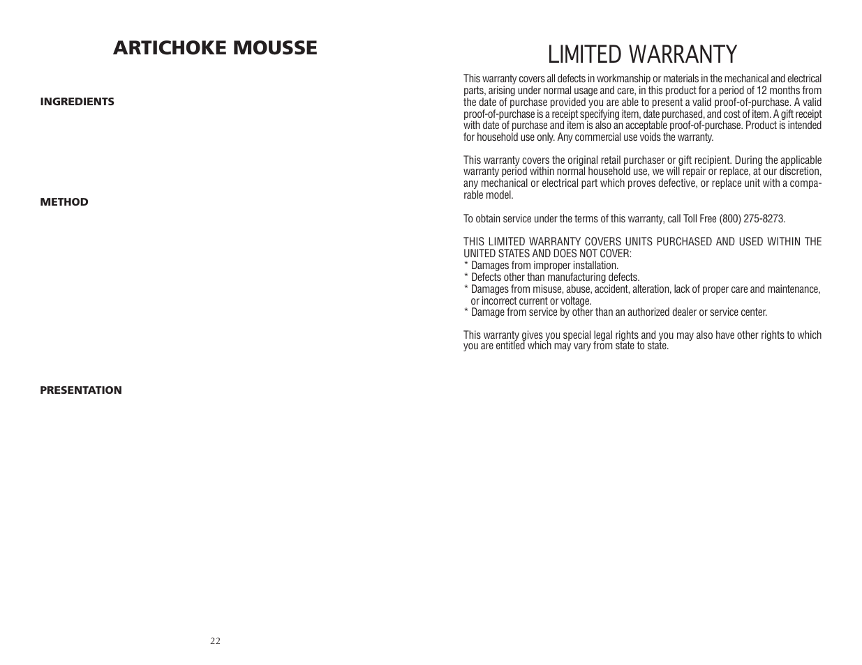 Limited warranty, Artichoke mousse | Wolfgang Puck CHEFSERIES CIBC1000 User Manual | Page 12 / 12