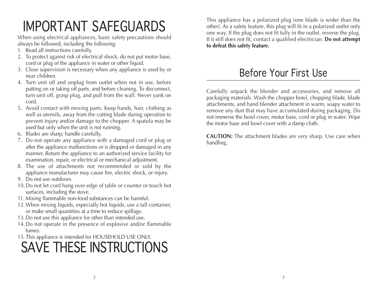 Important safeguards, Save these instructions, Before your first use | Wolfgang Puck CHEFSERIES CIBC1000 User Manual | Page 2 / 12