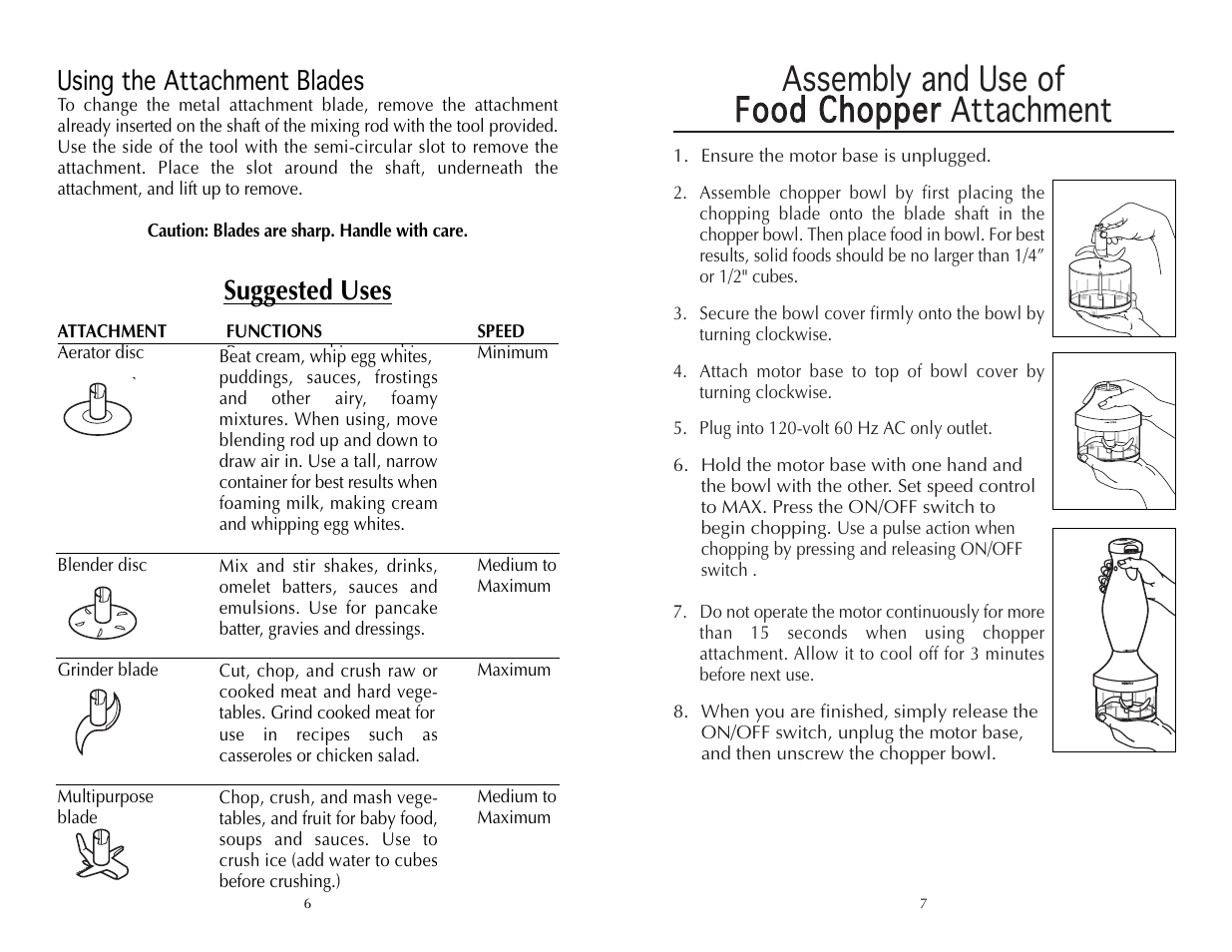 Suggested uses, Using the attachment blades | Wolfgang Puck CHEFSERIES CIBC1000 User Manual | Page 4 / 12