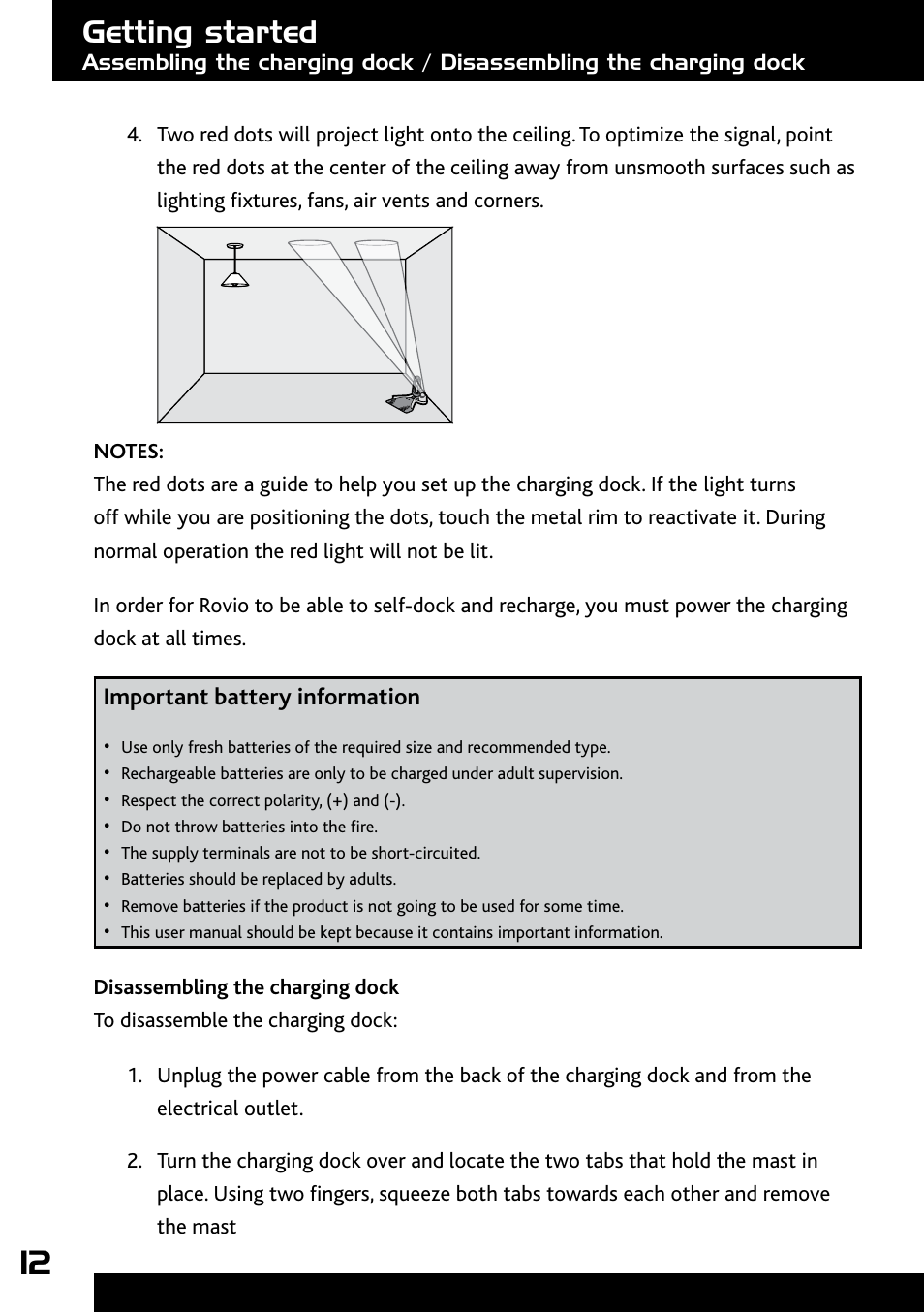 Disassembling the charging dock, Getting started | Wow Wee Rovio 8033 User Manual | Page 12 / 54