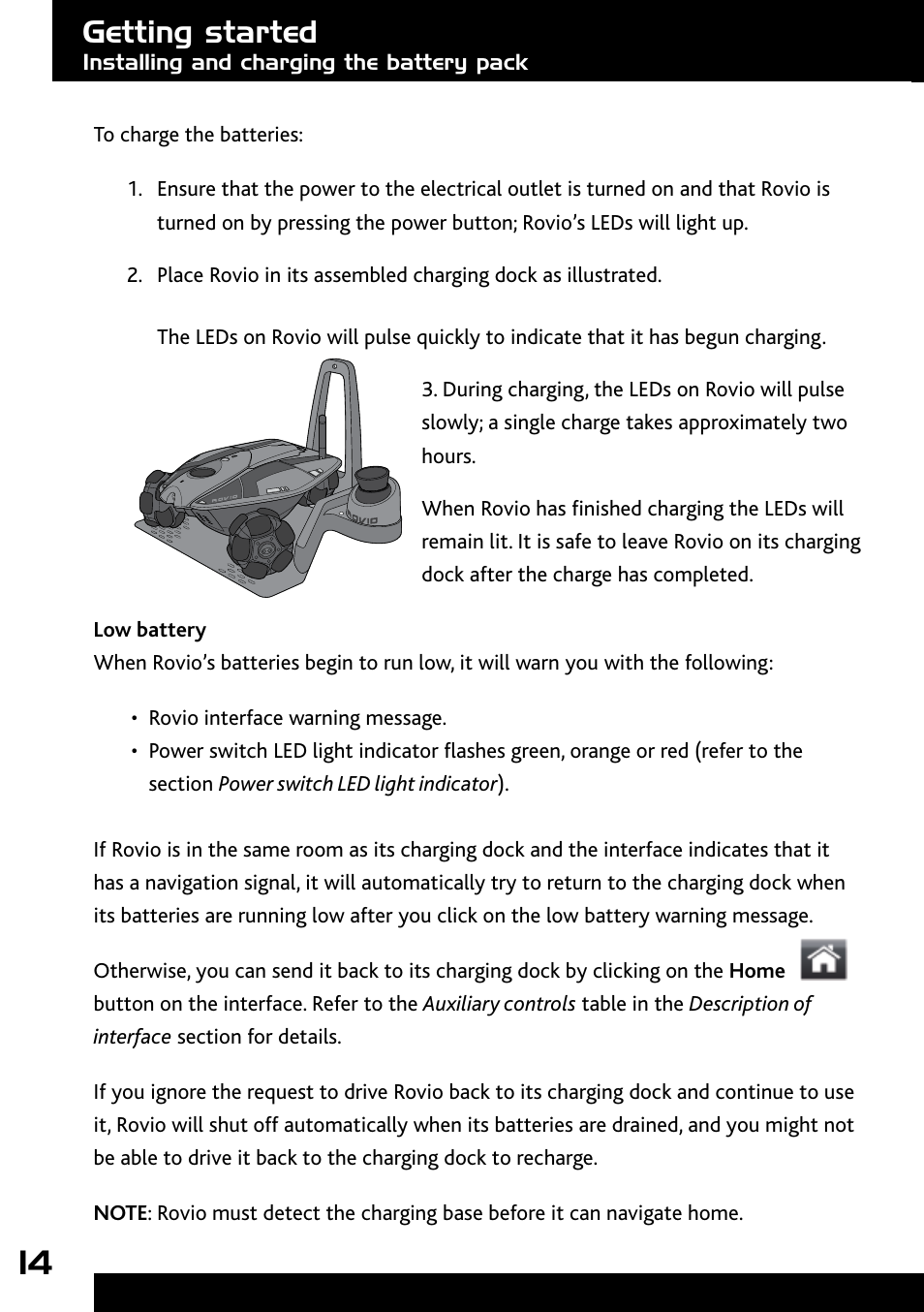 Low battery, Getting started | Wow Wee Rovio 8033 User Manual | Page 14 / 54