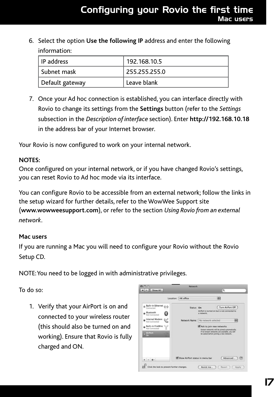 Mac users, Configuring your rovio the first time | Wow Wee Rovio 8033 User Manual | Page 17 / 54