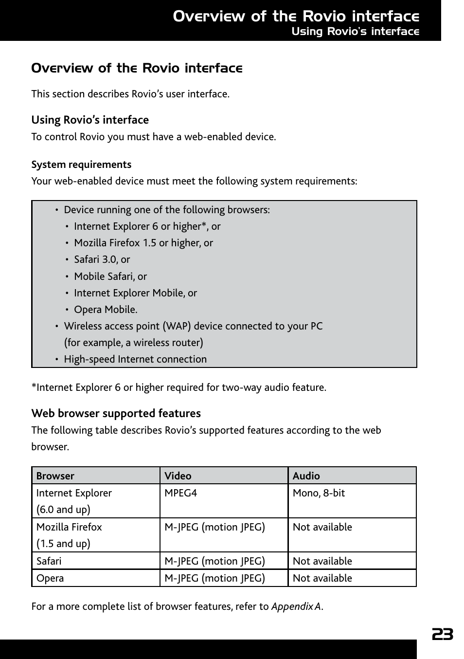 Rovio’s interface, Overview of the rovio interface, Using rovio’s interface | System requirements, Web browser supported features | Wow Wee Rovio 8033 User Manual | Page 23 / 54