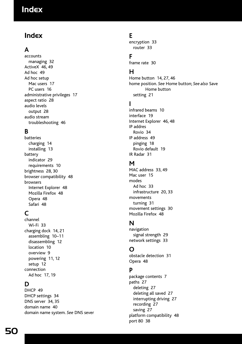 Index, Index a | Wow Wee Rovio 8033 User Manual | Page 50 / 54