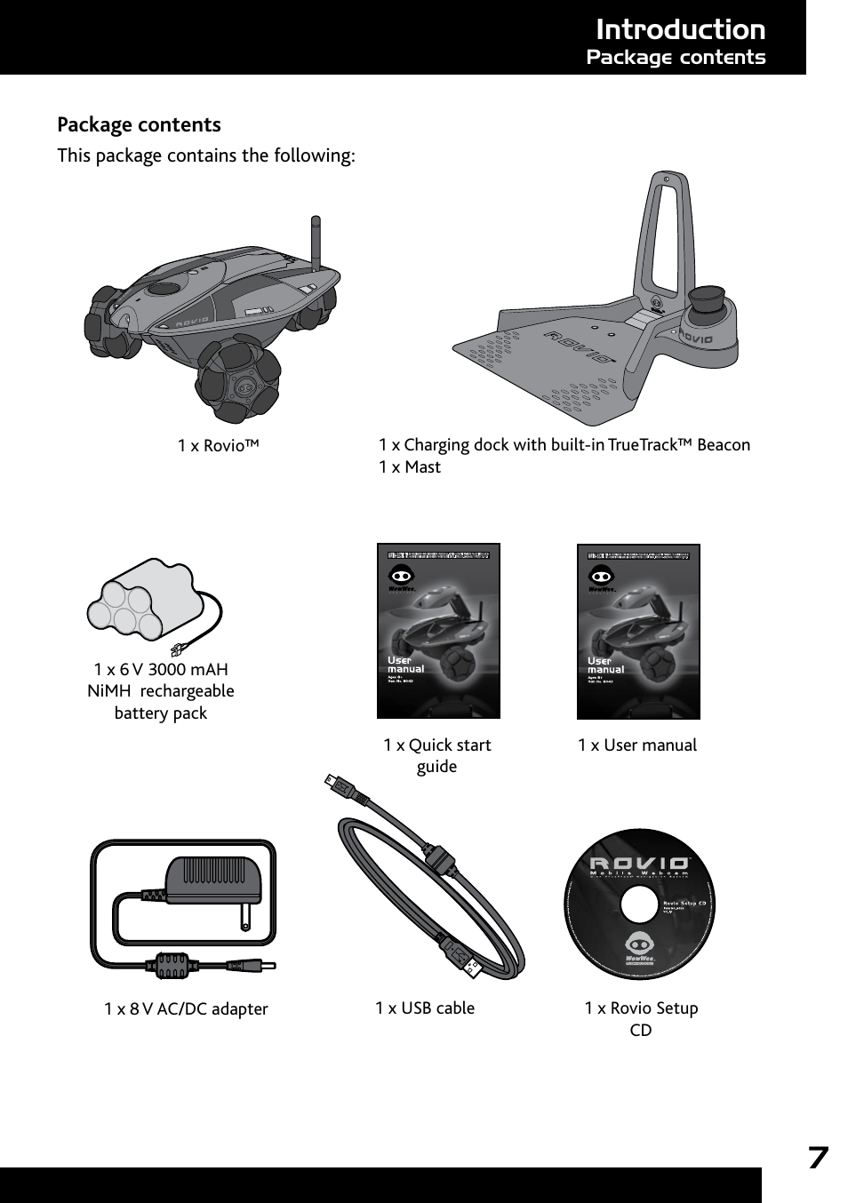Package contents, Introduction | Wow Wee Rovio 8033 User Manual | Page 7 / 54
