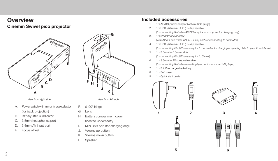 English, Cinemin swivel pico projector, Included accessories | Overview, Cinemin swivel pico projector included accessories | Wow Wee 8410 User Manual | Page 2 / 20