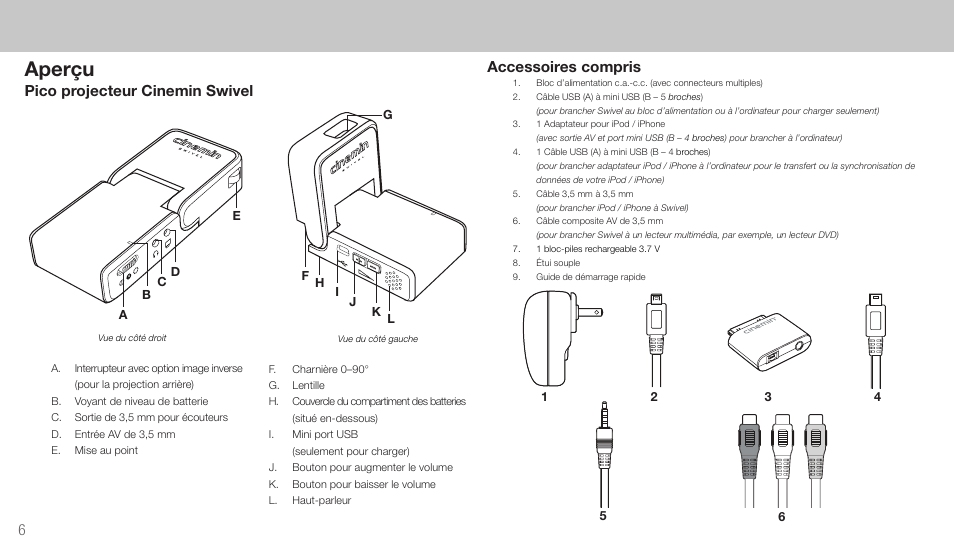 Français, Aperçu, Pico projecteur cinemin swivel | Accessoires compris | Wow Wee 8410 User Manual | Page 6 / 20