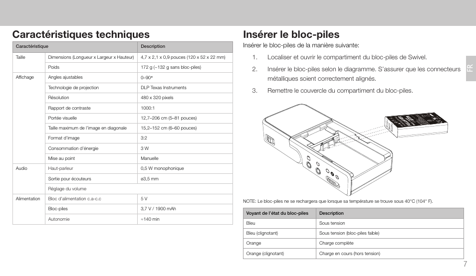 Caractéristiques techniques, Insérer le bloc-piles | Wow Wee 8410 User Manual | Page 7 / 20