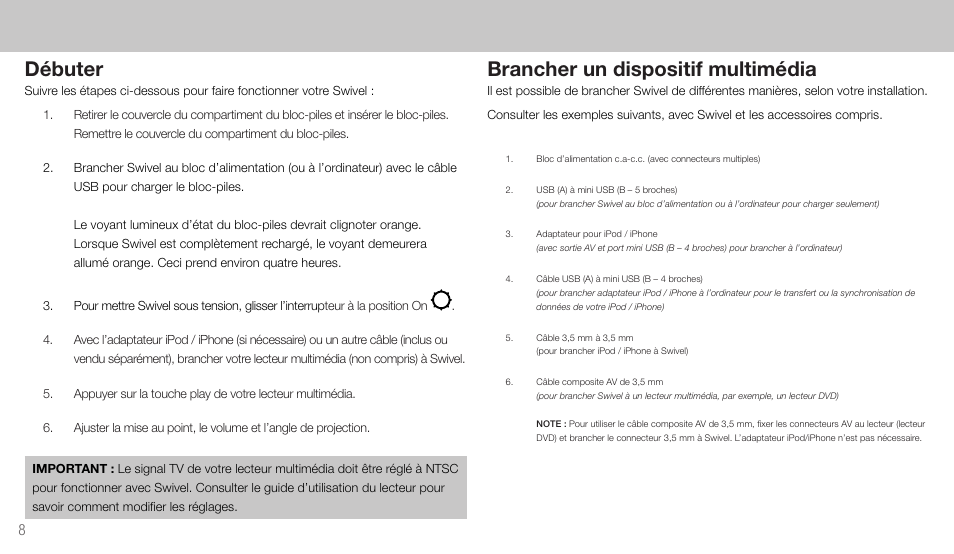 Débuter, Brancher un dispositif multimédia | Wow Wee 8410 User Manual | Page 8 / 20