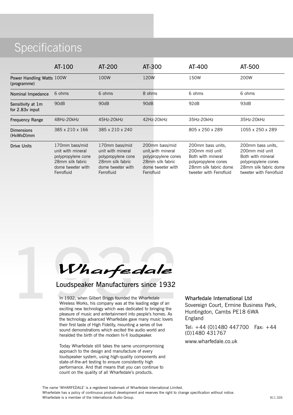 Specifications | Wharfedale Atlantic AT-100 User Manual | Page 6 / 6