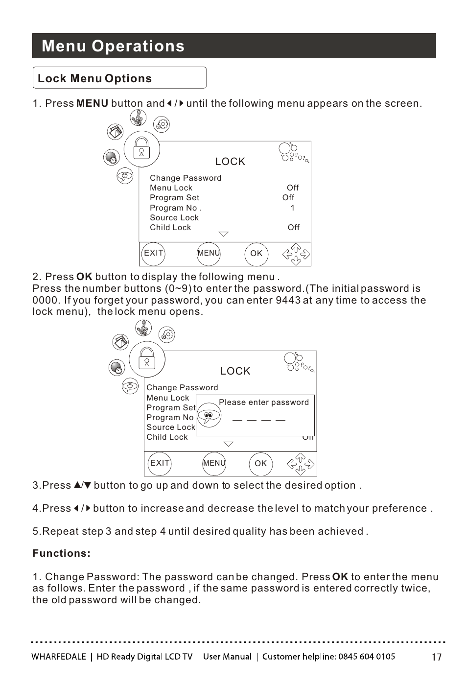 Т³гж 18, Menu operations, Lock menu options | Wharfedale LY22T3CBW-UM User Manual | Page 18 / 44